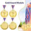 A hand holds a gold award medal with a ribbon, displayed next to several gold award medals.