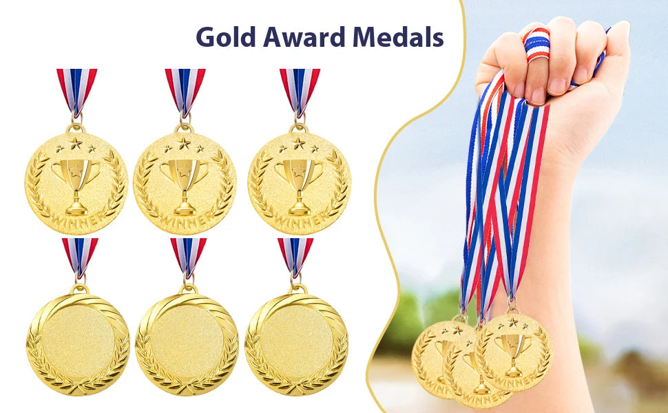 A hand holds a gold award medal with a ribbon, displayed next to several gold award medals.