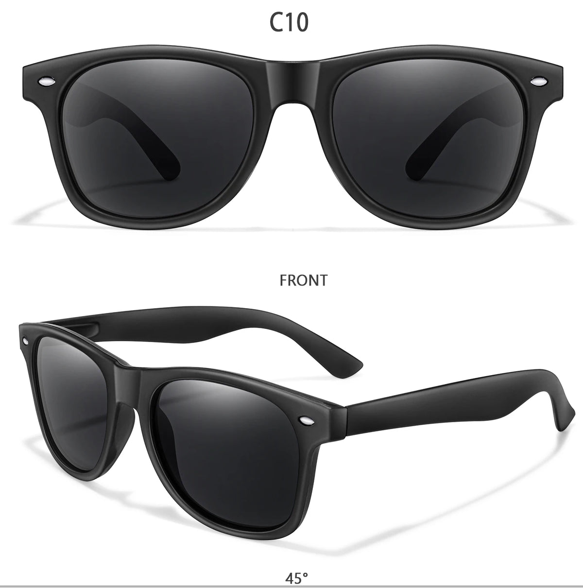 A pair of black retro style UV protection sunglasses shown from the front and a side angle.