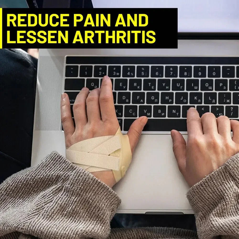 A hand wearing a beige thumb joint stabilizer brace rests on a laptop keyboard with text advising to reduce pain and lessen a