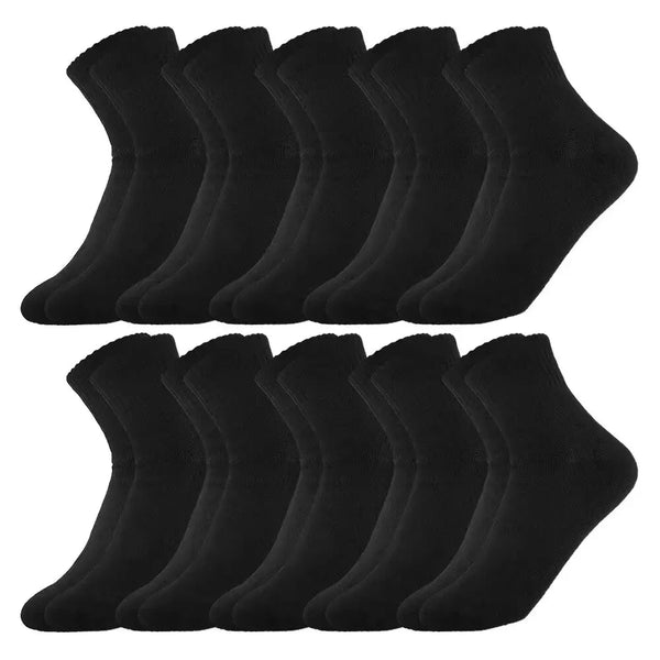 A pack of ten black men's mid-calf cotton socks displayed in a row.