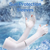 White sun protection sleeves being used in a cold, icy outdoor environment.
