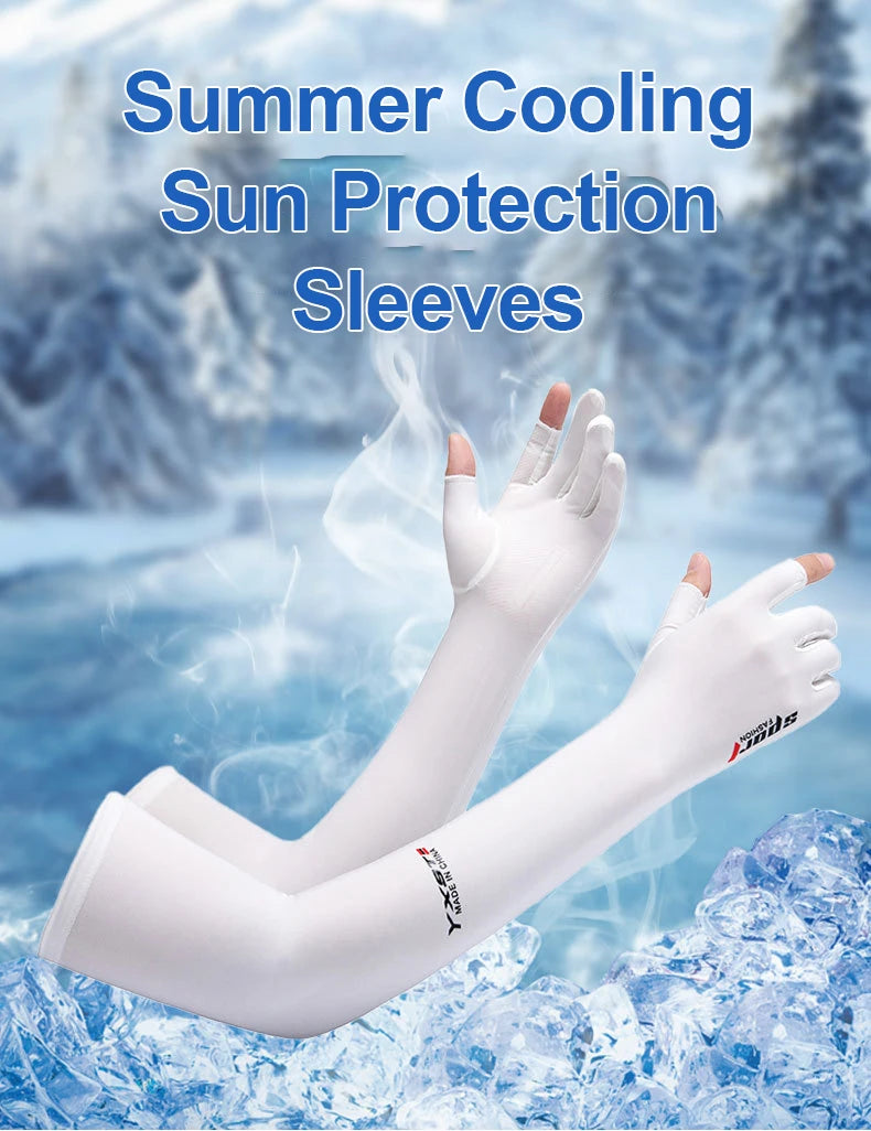 White sun protection sleeves being used in a cold, icy outdoor environment.