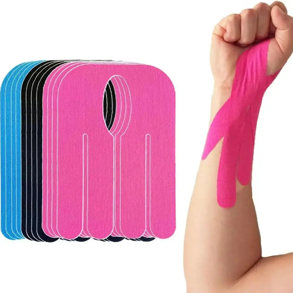 A hand is shown gripping a bright pink kinesiology tape, with a stack of colored tapes visible nearby.