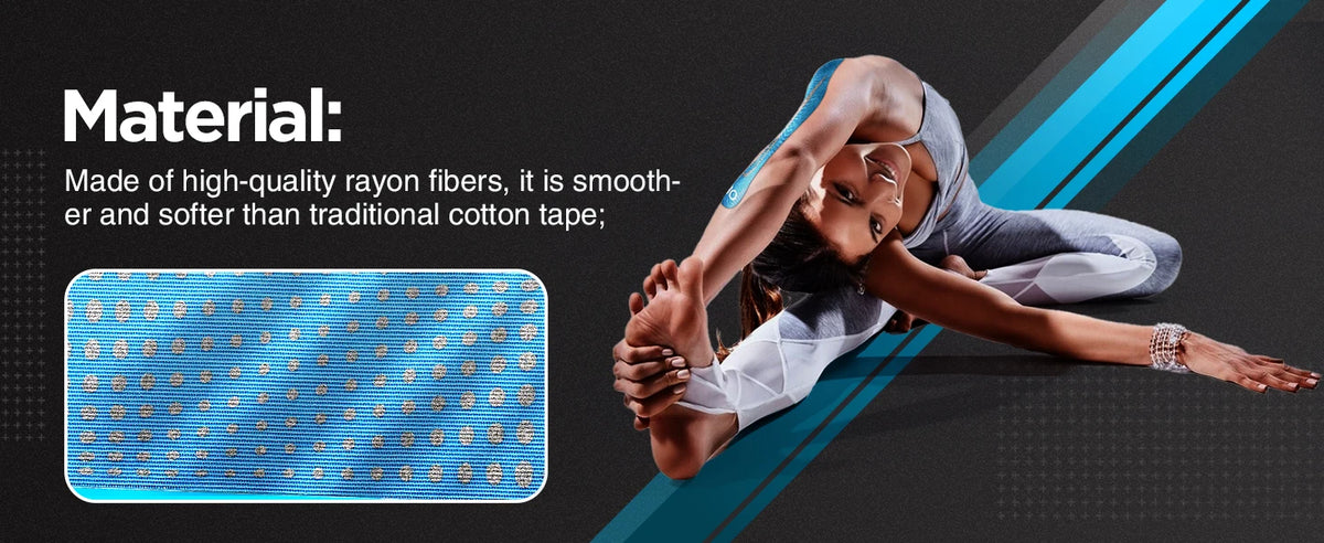 A woman applying blue kinesiology tape to her arm while exercising.