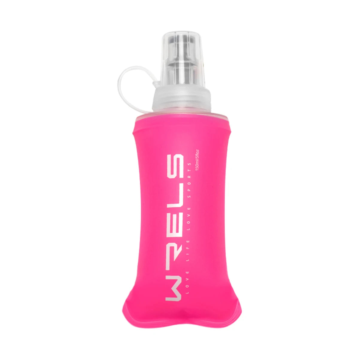 A pink silicone water bottle with a clear cap and dropper top.