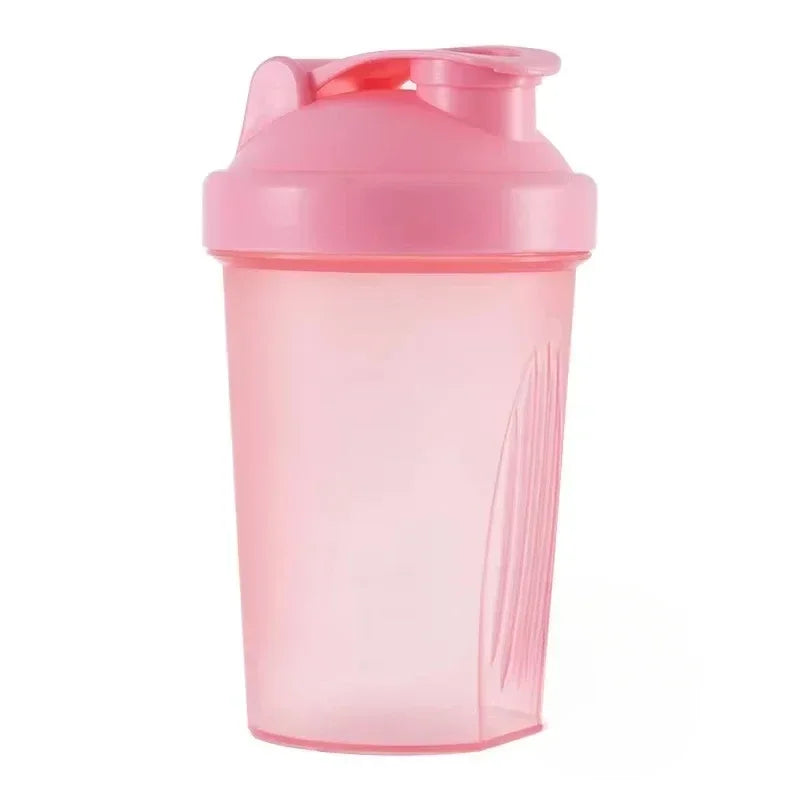 A pink portable protein shaker bottle with a sealed cap and clear body.