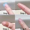 Quatre étapes montrant l'application d'un ruban adhésif transparent auto-amalgamant sur un ongle.