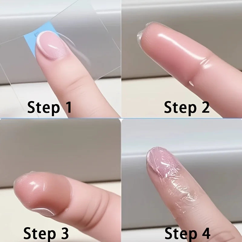 Quatre étapes montrant l'application d'un ruban adhésif transparent auto-amalgamant sur un ongle.