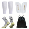 A set of four white sports socks and a black sports bag for football and basketball