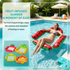 A woman relaxing on a red and green inflatable pool float lounger in clear blue water.