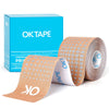 A roll of orange kinesiology tape is displayed next to its blue packaging box.