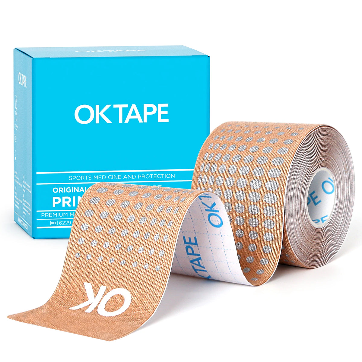 A roll of orange kinesiology tape is displayed next to its blue packaging box.