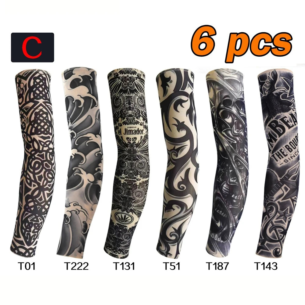 Six packs of black and white tattoo style arm sleeves for UV protection