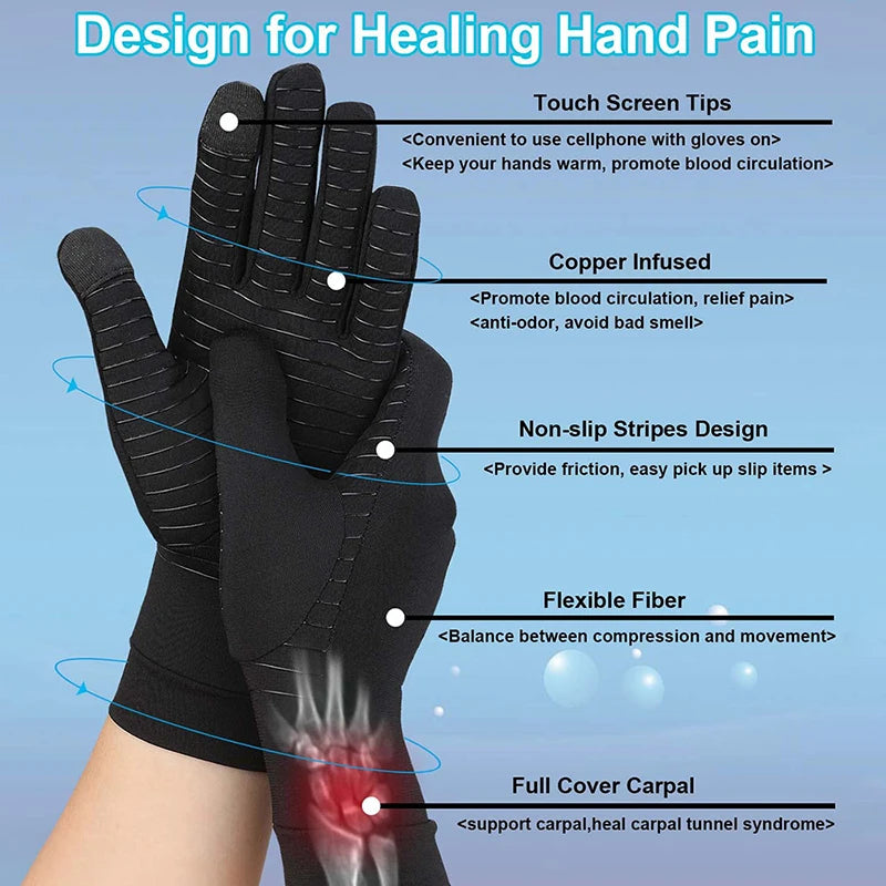 Black copper infused healing gloves designed for hand pain relief featuring touch screen tips and non-slip strips