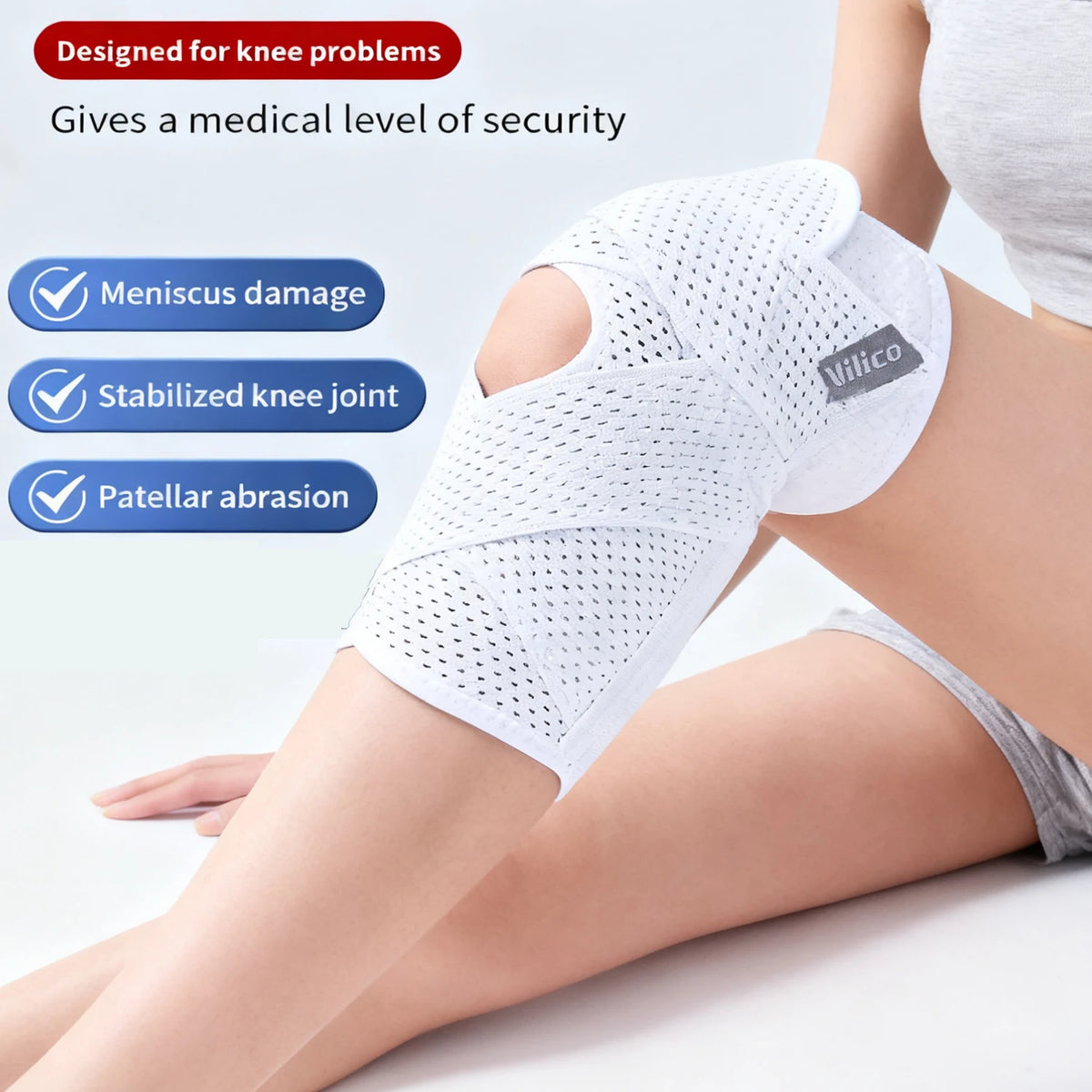 White elastic knee pads designed for knee problems, showing features like meniscus damage protection and stabilized joint sup