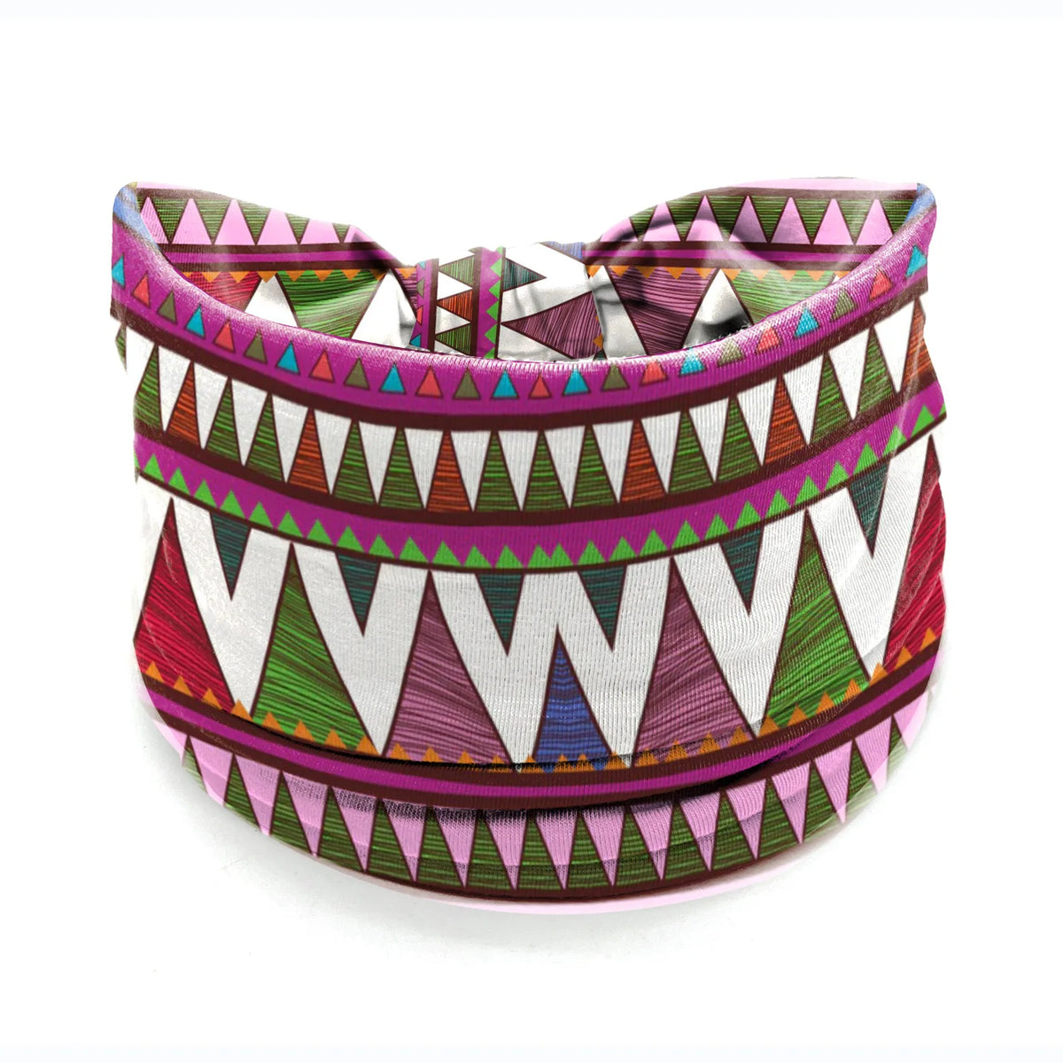 A colorful bohemian stretch cotton headband featuring geometric patterns in pink, green, and purple triangles.