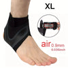 Black XL ankle sprain support sleeve worn on a person's foot and ankle.