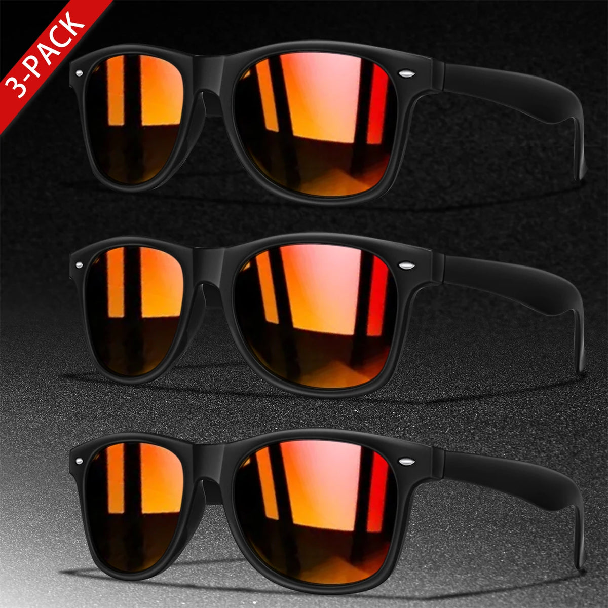 A 3-pack of retro style UV protection sunglasses with orange and red mirrored lenses shown in black frames.