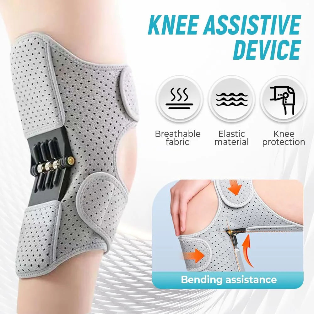 Gray knee assistive device with breathable fabric and elastic material for knee protection and bending assistance.