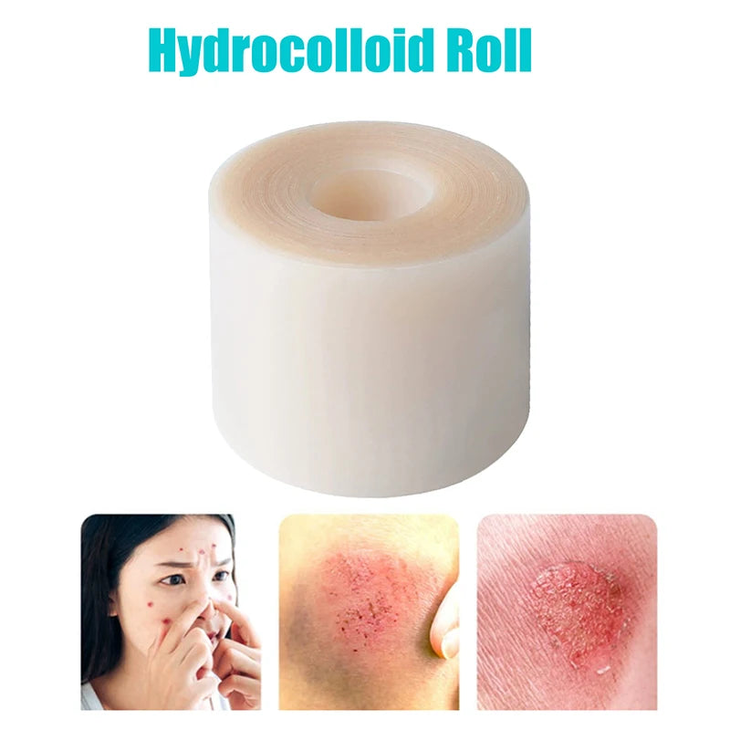 Roll of hydrocolloid wound care patches showing close-ups of the product texture and application.