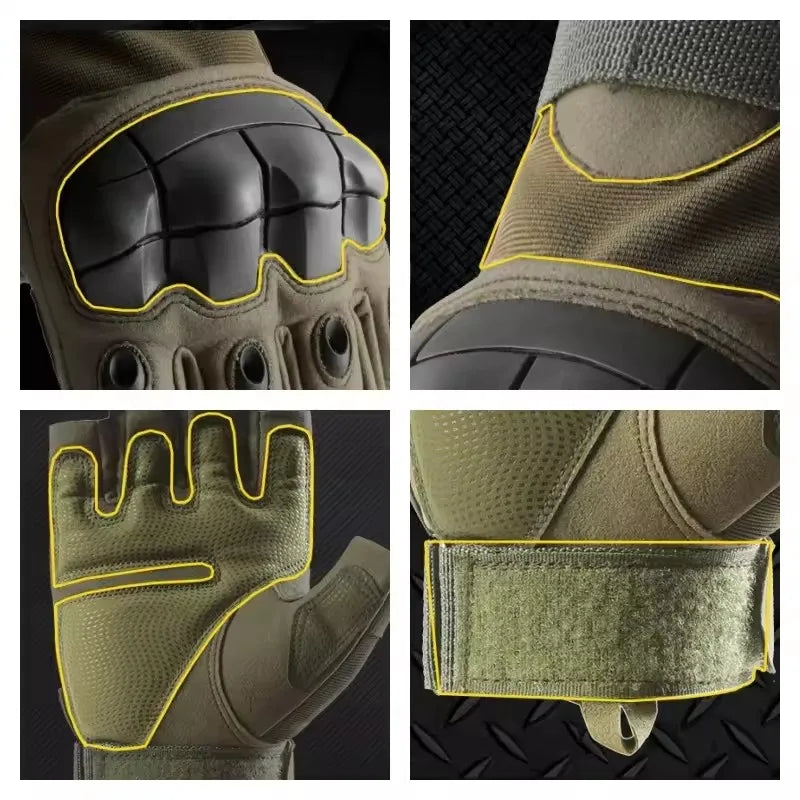 Close-up views of universal protective training gloves in olive green and tan colors.