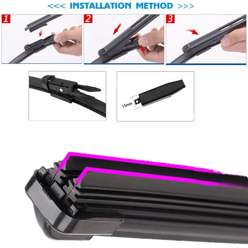 Installation method diagram showing steps for installing universal car wiper blades and a close-up of the blade.