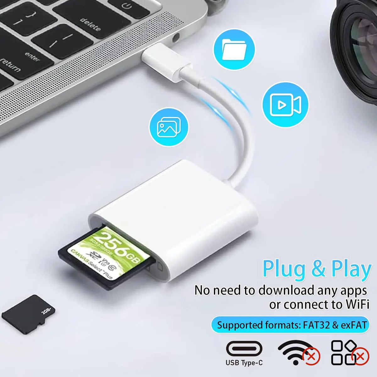 قارئ بطاقة عالمي أبيض من نوع Type-C ومفتاح فلاش USB مع أيقونات اتصال متنوعة على خلفية بيضاء.