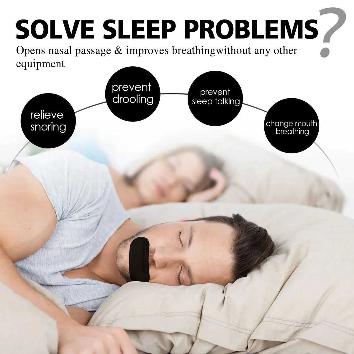 Un homme dort paisiblement avec un dispositif noir placé sur sa bouche, illustrant une solution pour les problèmes de sommeil