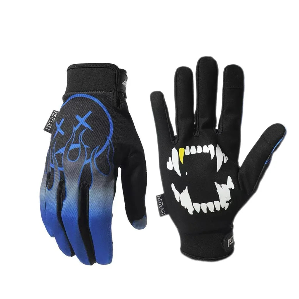 Black full finger motocross gloves featuring blue tribal designs and white teeth print
