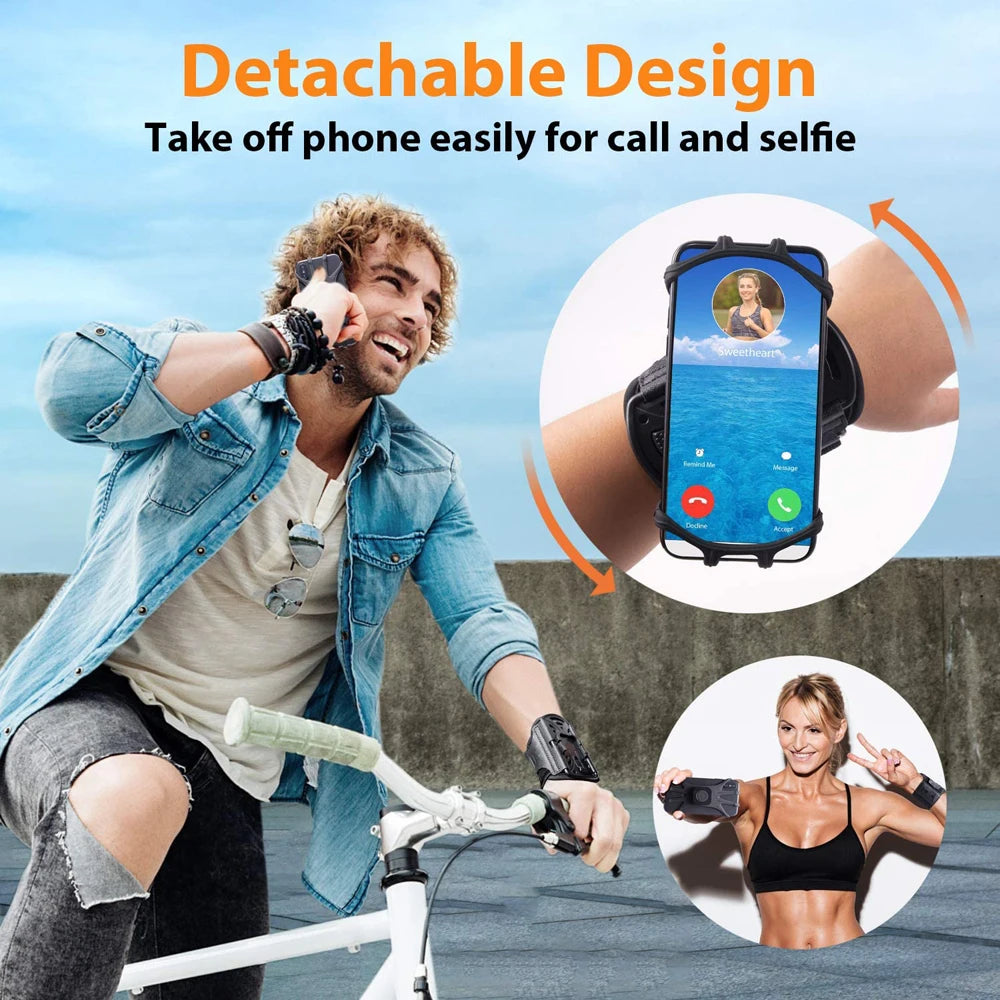 A man demonstrates a detachable phone wrist strap design while exercising on a stationary bike.