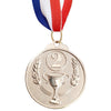 A round gold sports achievement medal hanging from a red, white, and blue ribbon.