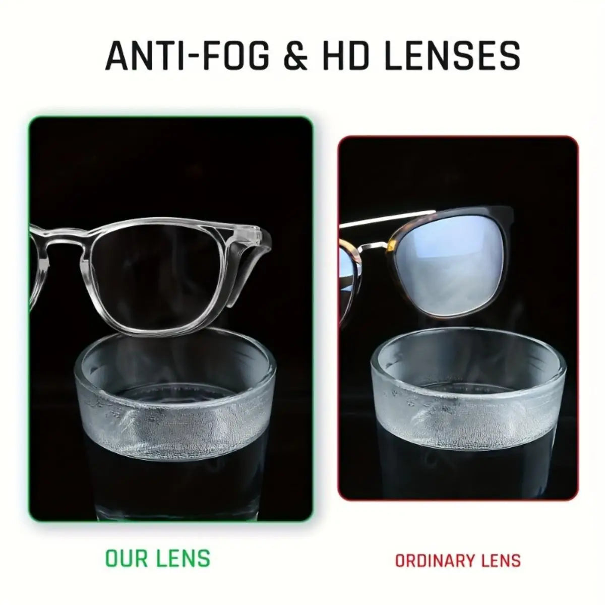 Vergleich von Anti-Fog- und HD-Linsen gegenüber normalen Brillenlinsen.
