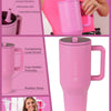 A pink insulated stainless steel water bottle with a handle and flip straw shown in various contexts.