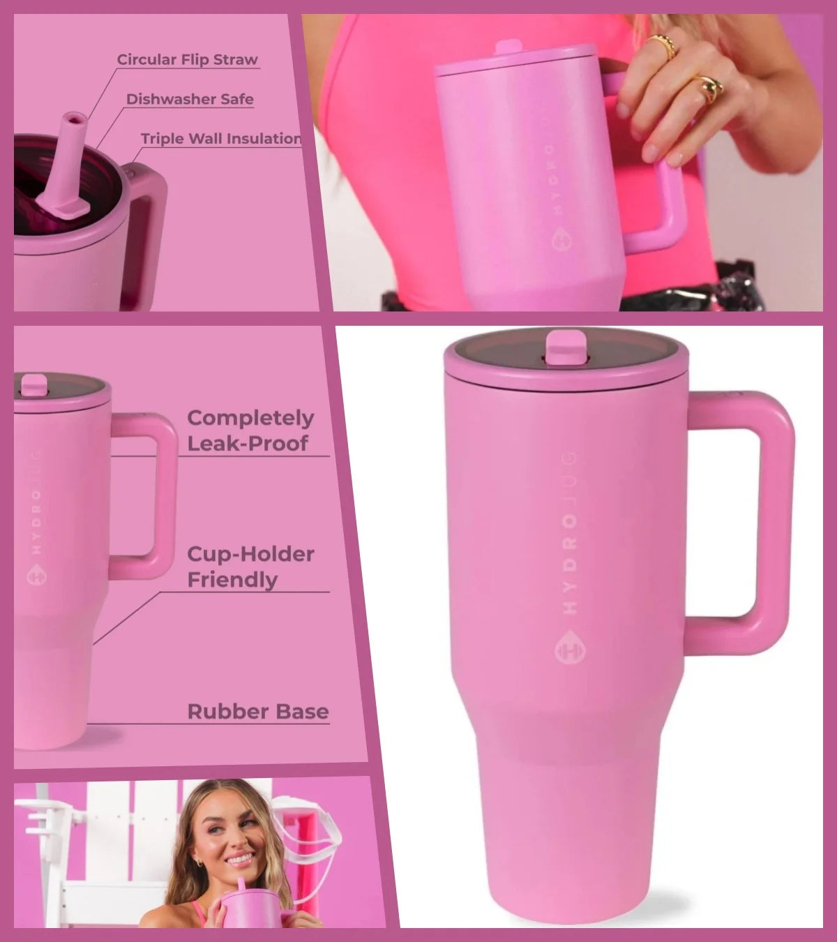 A pink insulated stainless steel water bottle with a handle and flip straw shown in various contexts.