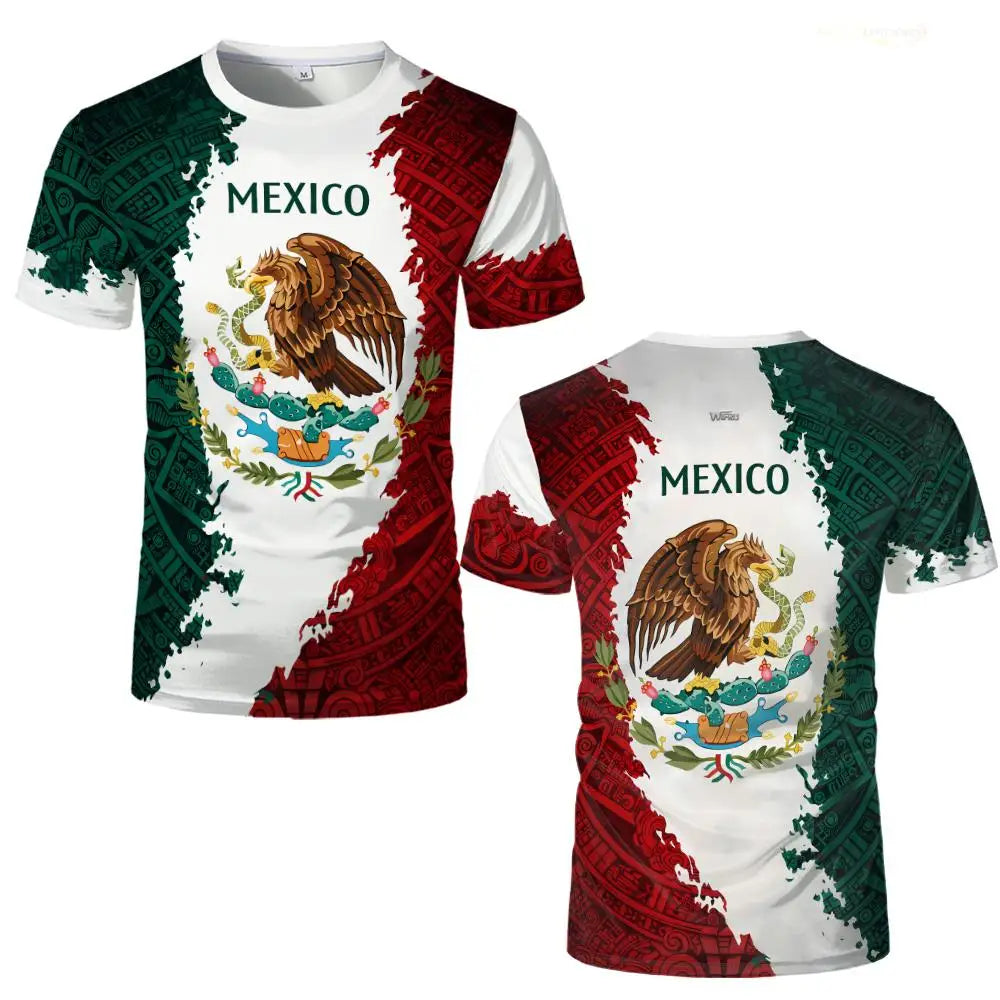 A white t-shirt featuring a graphic design of an eagle and the word Mexico in red and green colors.