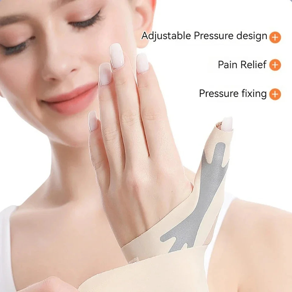 A close-up of a hand wearing an adjustable pressure design wrist guard for pain relief and fixing.