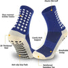 Calcetines deportivos azules y blancos con puño elástico, soporte para el arco y punta reforzada sin costuras.