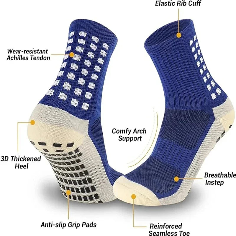 Calcetines deportivos azules y blancos con puño elástico, soporte para el arco y punta reforzada sin costuras.