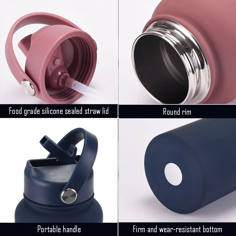 A set of stainless steel vacuum flask components including a round rim, portable handle, and firm bottom.
