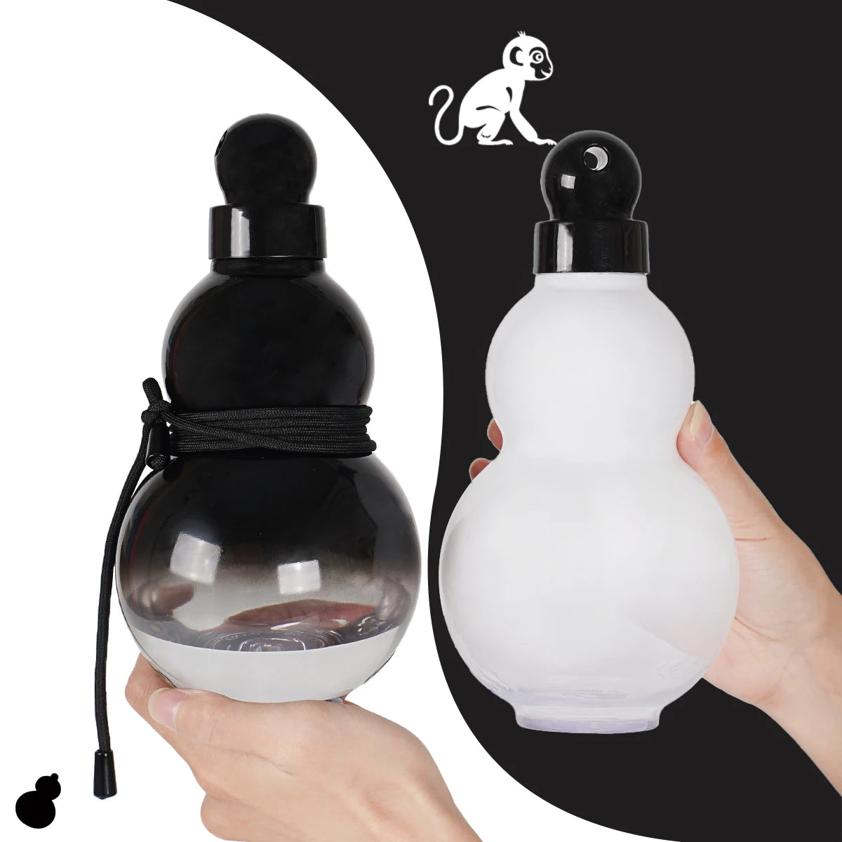 Klare, krugförmige Sportflasche mit schwarzem Trageriemen neben einer Affen-Silhouette.