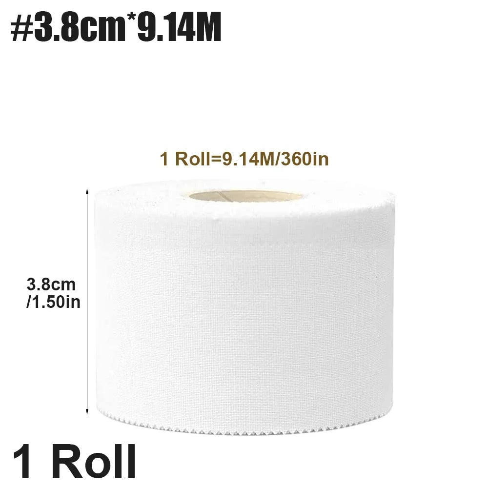 A roll of white athletic tape with dimensions 3.8cm by 9.14M.