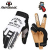 A pair of black and white FastGoose motocross and off-road cycling gloves shown with a hand model.