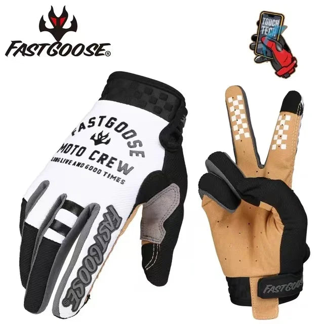 A pair of black and white FastGoose motocross and off-road cycling gloves shown with a hand model.