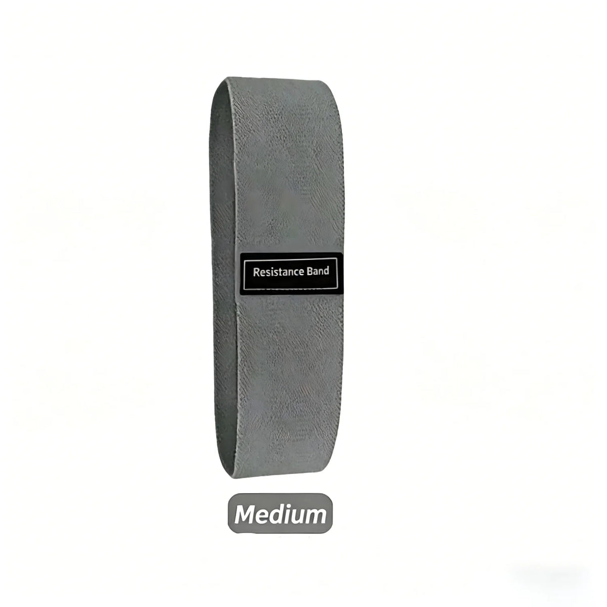 A gray resistance band labeled Medium for glute and leg workouts.