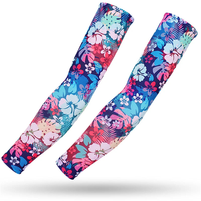 A pair of floral patterned sports arm sleeves featuring pink, blue, and green leaves.