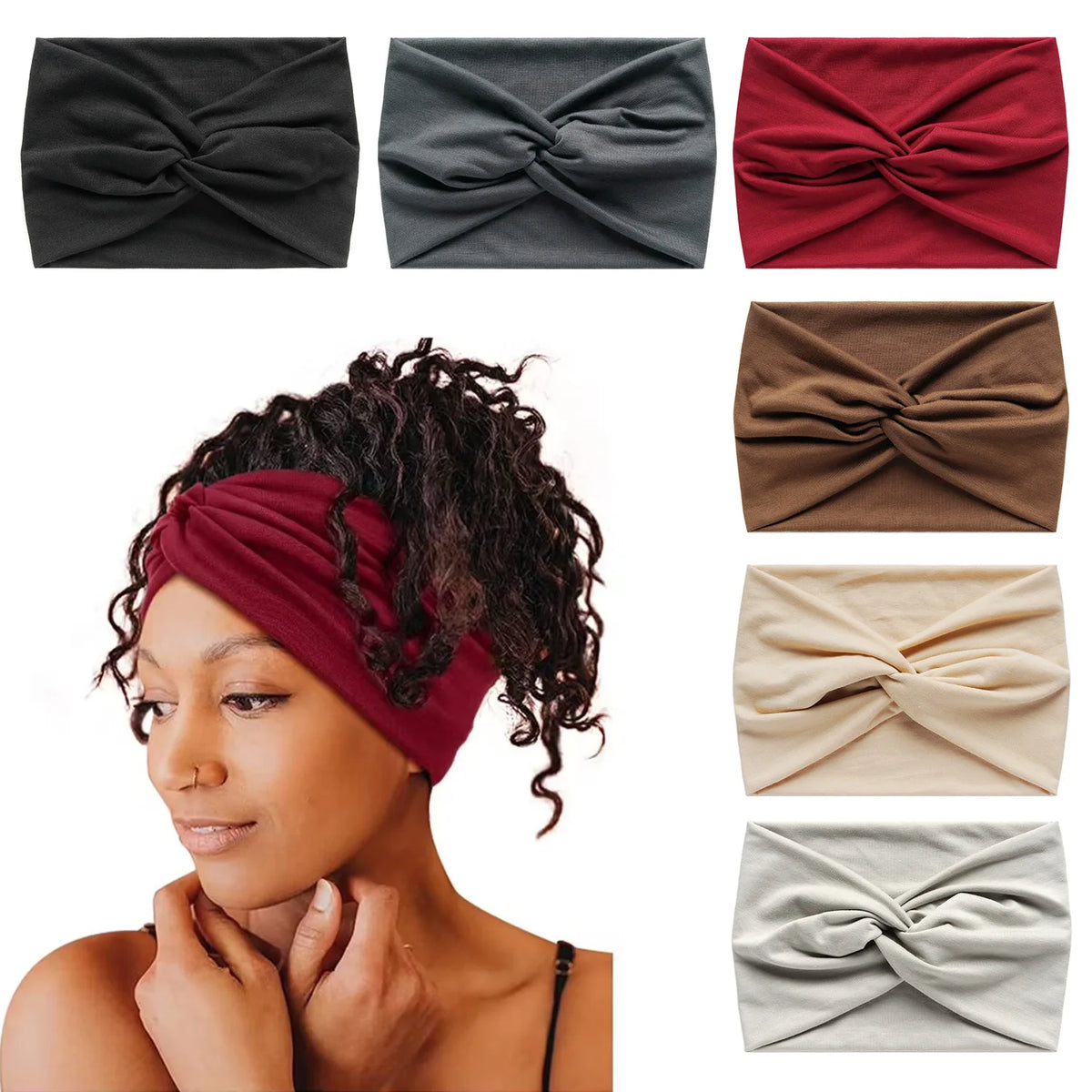 A woman models a red boho wide turban headband on her head, with various color options displayed below.