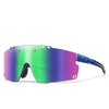 A pair of purple and blue polarized cycling sunglasses with black frames and green lenses.