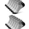A stack of athletic knit ankle socks for men in various shades of gray and black.