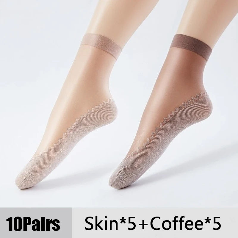 Ten pairs of beige ultra-thin breathable ankle socks shown on a model's feet.